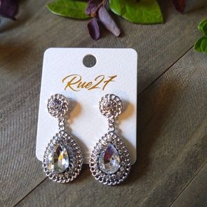 Crystal stone pave teardrop dangle drop earrings. Rhodium.